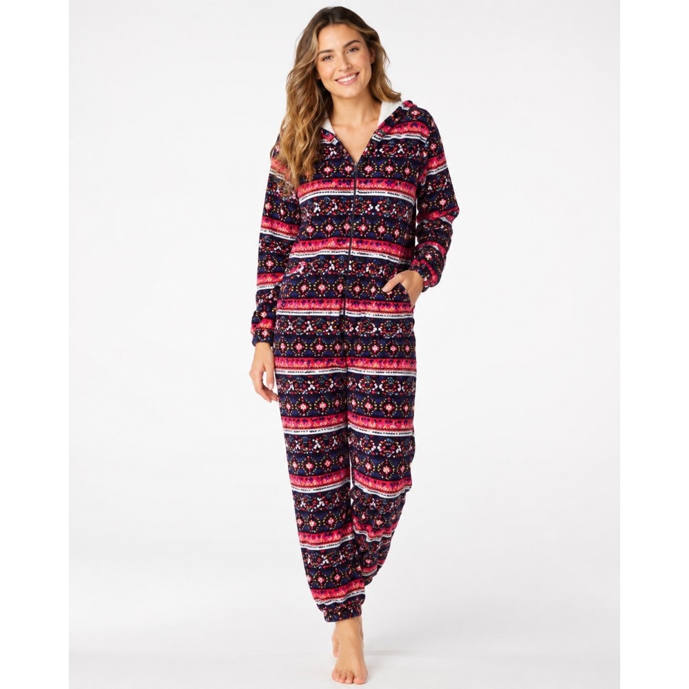 Natural Life Fairisle Medium Fleece Sherpa Lined Boho Floral Zip Front One Piece